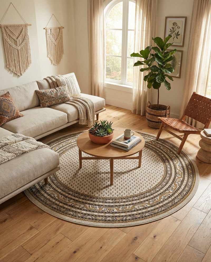 Soho Elegance Collection Area Rug -  Mercer (Beige) Round Beige  lifestyle 45