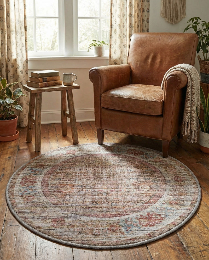 Vintage Memories Collection Area Rug -  Reverie Round Rust Red and Brown  lifestyle 56