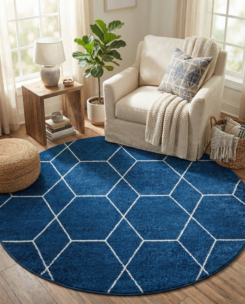 Trellis Mosaic Collection Area Rug - Arborville (Navy Blue) Round Navy Blue  lifestyle 93