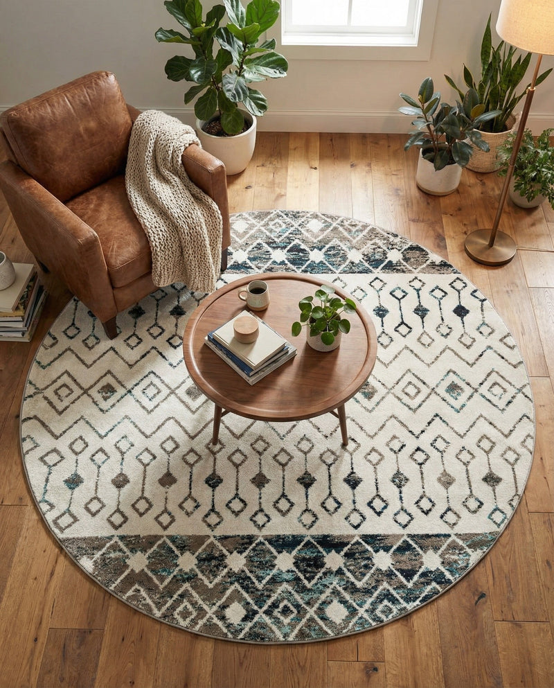 Mediterranean Lattice Collection Area Rug -  Casablanca (Ivory Gray Blue) Round Ivory Gray Blue  lifestyle 31