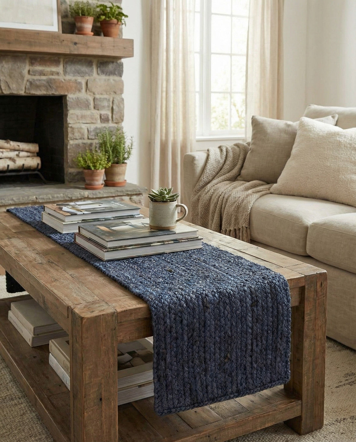 Woven Seaside Jute Collection Area Rug - Savannah (Navy Blue) Table Runner Navy Blue  lifestyle 86