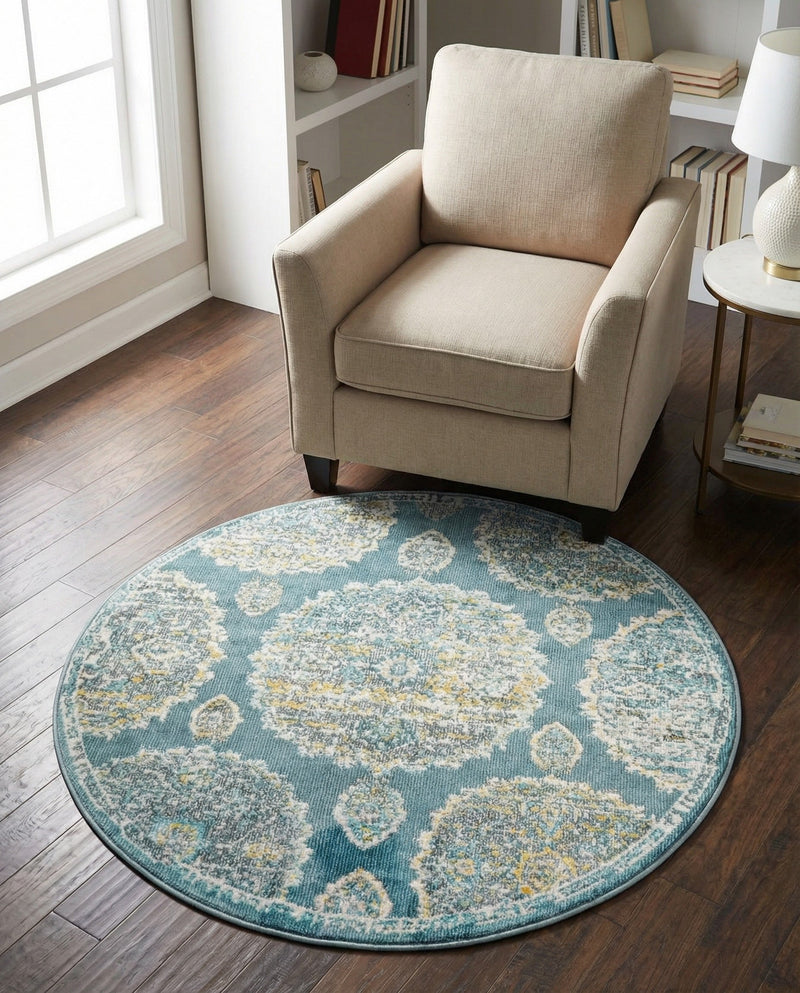 Arcadia Rugs Collection Area Rug -  Atlantis (Gray and Blue) Round Gray and Blue  lifestyle 48