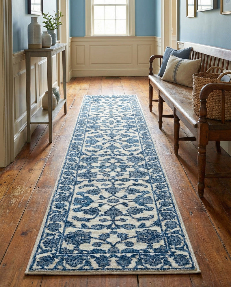 Charleston Elegance Collection Area Rug -  Seaport (White Blue) Runner White Blue  lifestyle 42