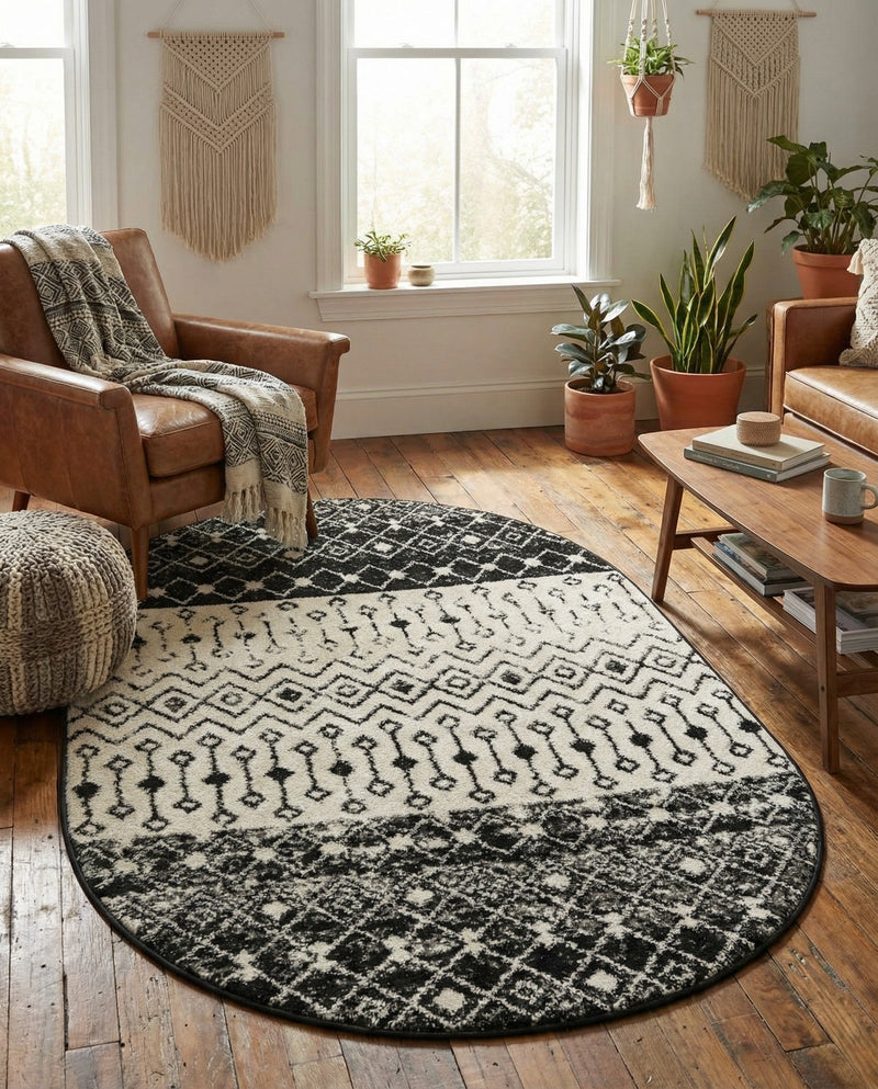 Mediterranean Lattice Collection Area Rug -  Casablanca (Black and White) Oval Black and White  lifestyle 66