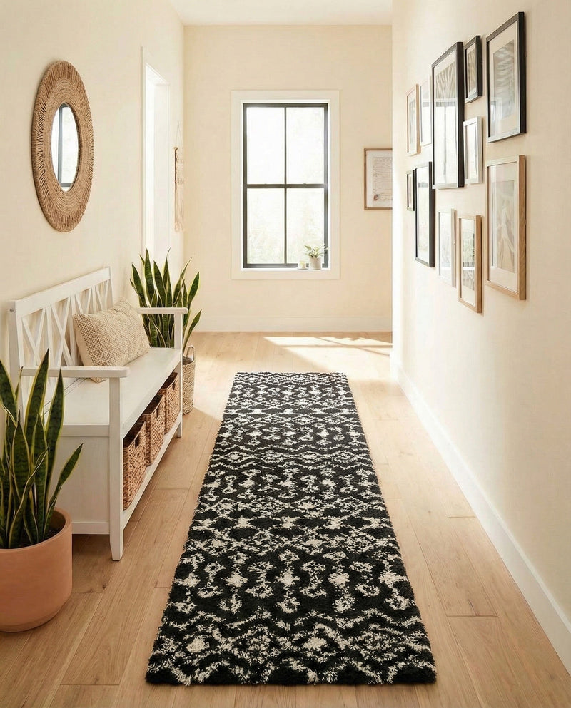 Berber Lattice Shag Collection Area Rug - Atlas (Black and White) Runner Black and White  lifestyle 48