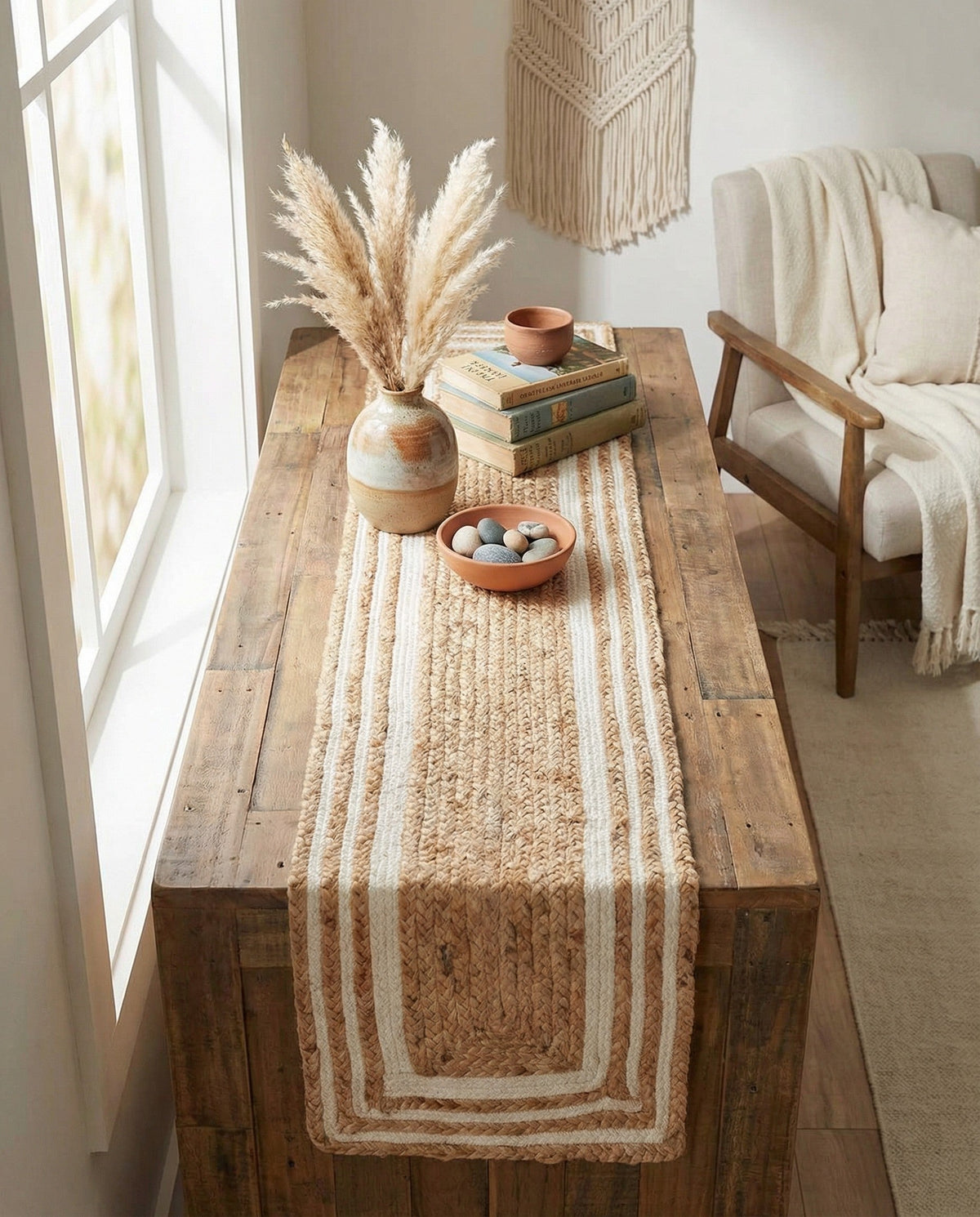 Woven Seaside Jute Collection Area Rug - Nantucket Table Runner Natural and White  lifestyle 117