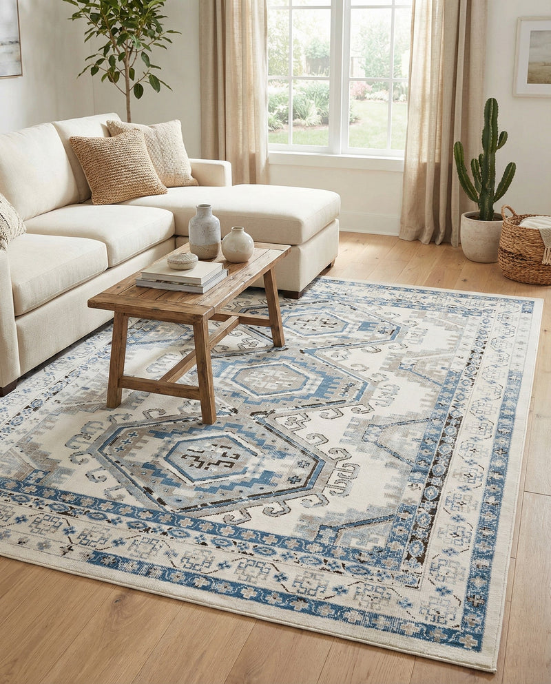 Savannah Elegance Collection Area Rug -  Tybee (Ivory Aqua) Rectangle Ivory Aqua  lifestyle 26