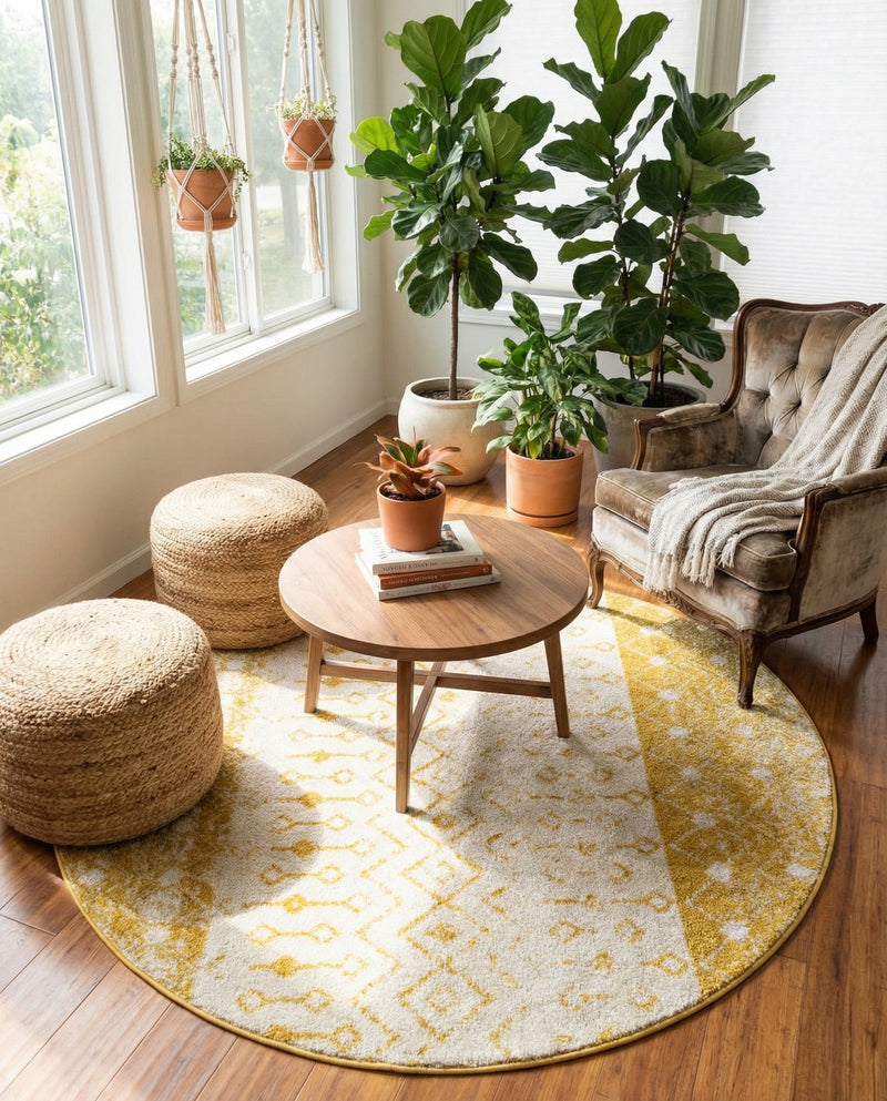 Mediterranean Lattice Collection Area Rug -  Casablanca (Ivory and Yellow) Round Ivory and Yellow  lifestyle 29