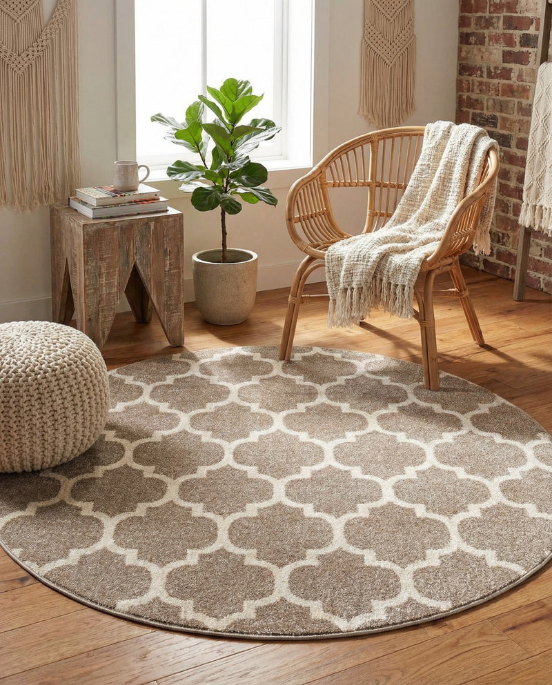 Lattice Gardens Collection Area Rug -  Bloomfield (Light Brown) Round Light Brown  lifestyle 71