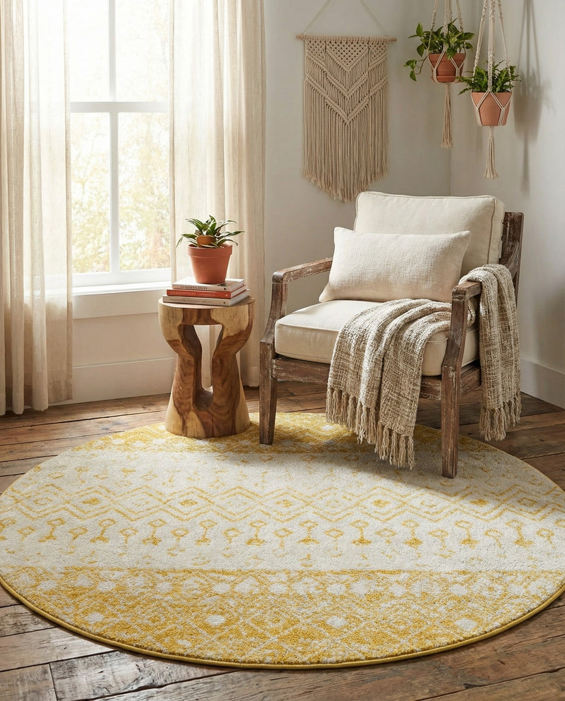Mediterranean Lattice Collection Area Rug -  Casablanca (Ivory and Yellow) Round Ivory and Yellow  lifestyle 32