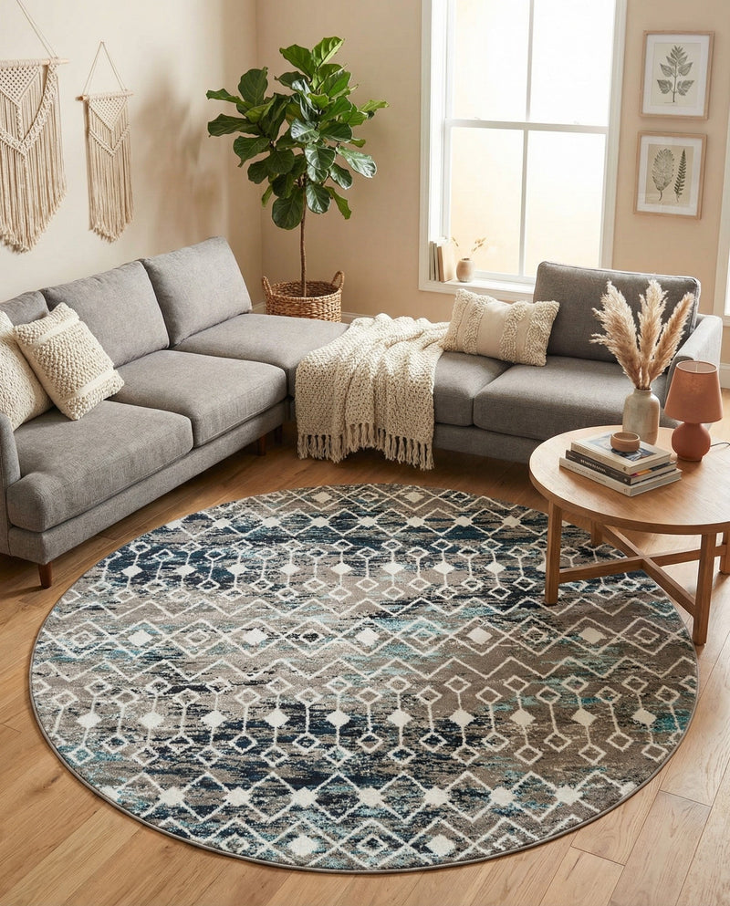 Mediterranean Lattice Collection Area Rug - Santorini (Multi Gray Blue) Round Multi Gray Blue  lifestyle 67
