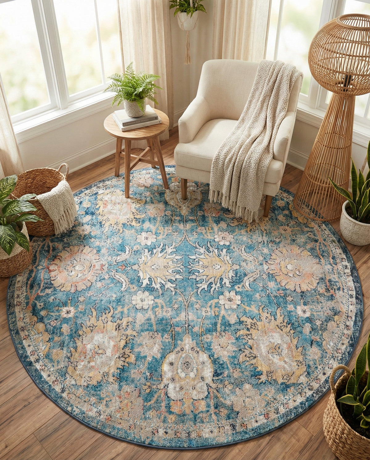 Seville Stripes Collection Area Rug -  Cordoba (Blue) Round Blue  lifestyle 63