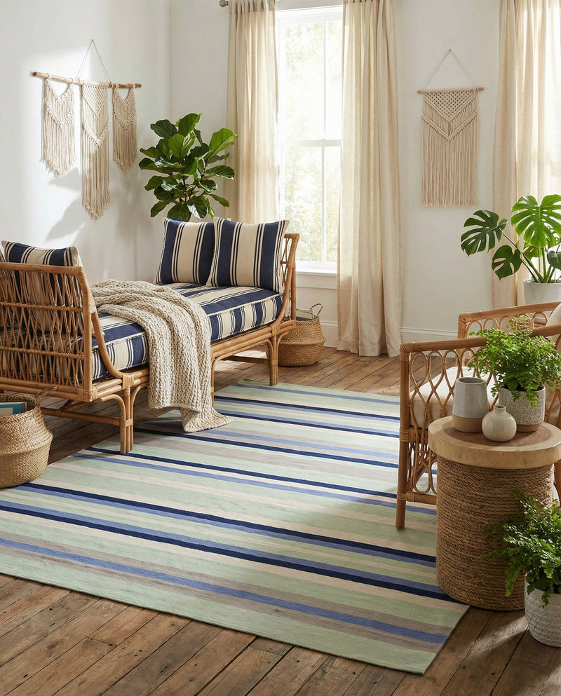 Coastal Stripe Dhurrie Collection Area Rug - Seashore Rectangle Aqua Blue and Gray  lifestyle 24