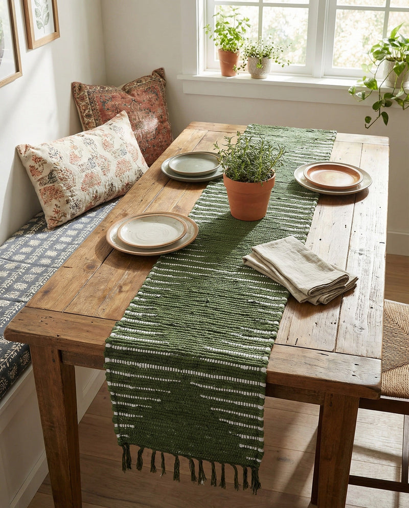 Thar Cotton Collection Area Rug - Jaisalmer (Green) Table Runner Green  lifestyle 56