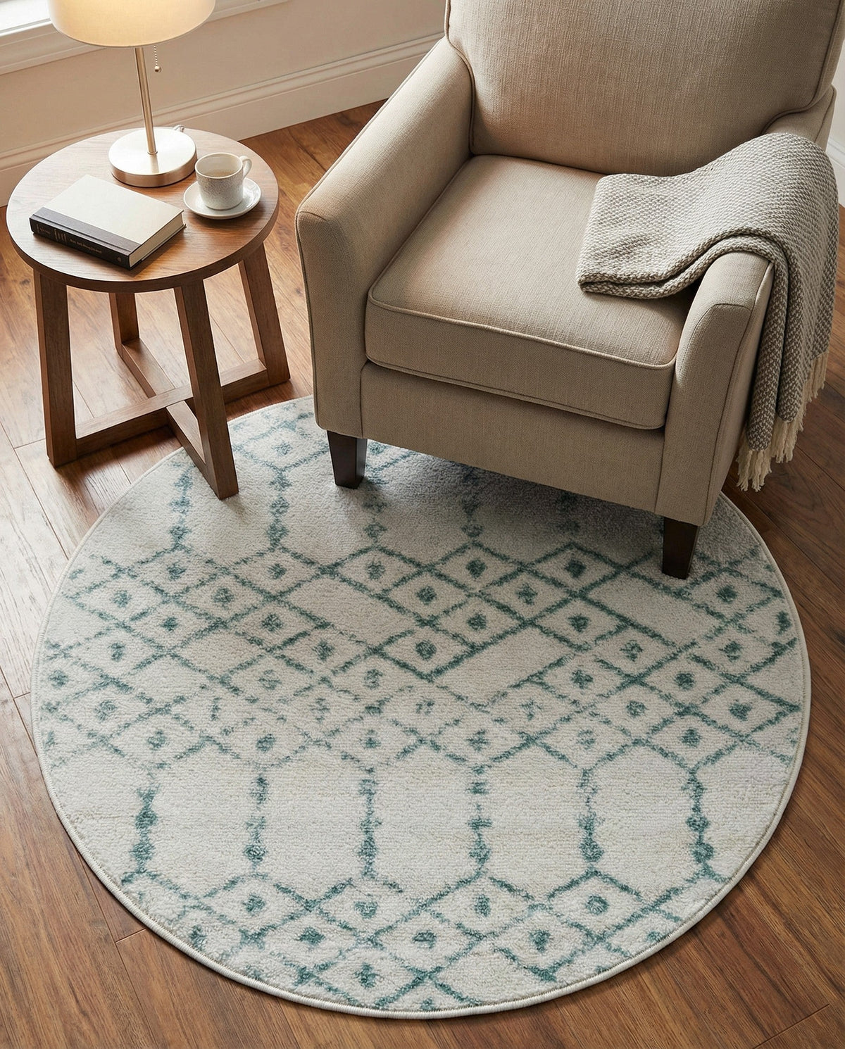 Marrakesh Lattice Collection Area Rug - Casablanca (Ivory Aqua) Round Ivory Aqua  lifestyle 36
