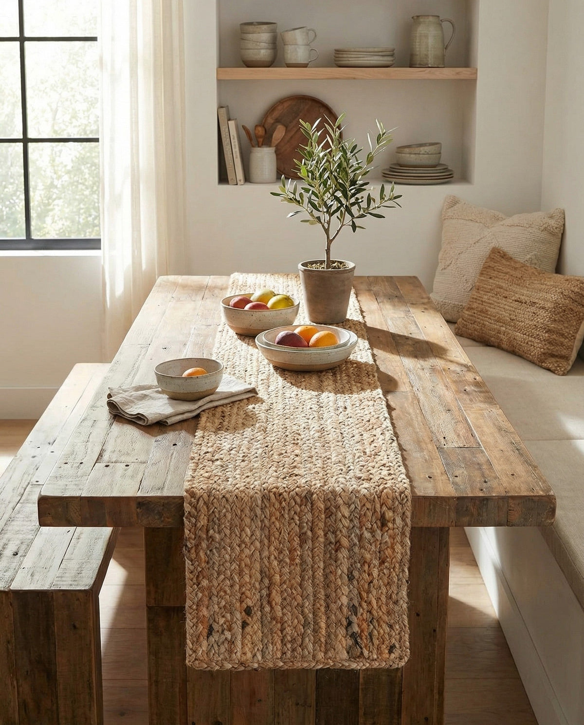 Woven Seaside Jute Collection Area Rug - Savannah (Natural) Table Runner Natural  lifestyle 106