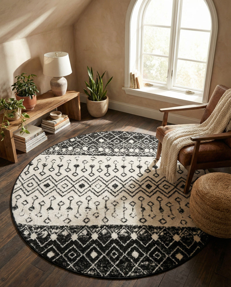 Mediterranean Lattice Collection Area Rug -  Casablanca (Black and White) Round Black and White  lifestyle 53