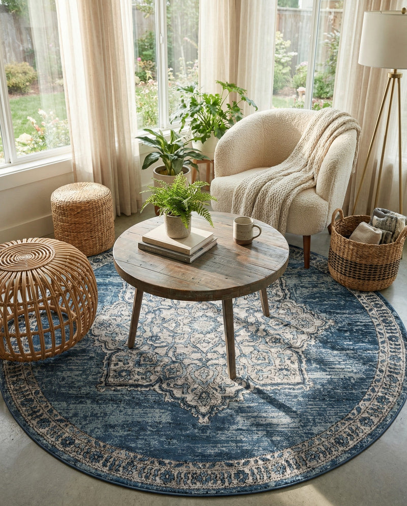 Mykonos Manor Collection Area Rug -  Tinos (Blue) Round Blue  lifestyle 60