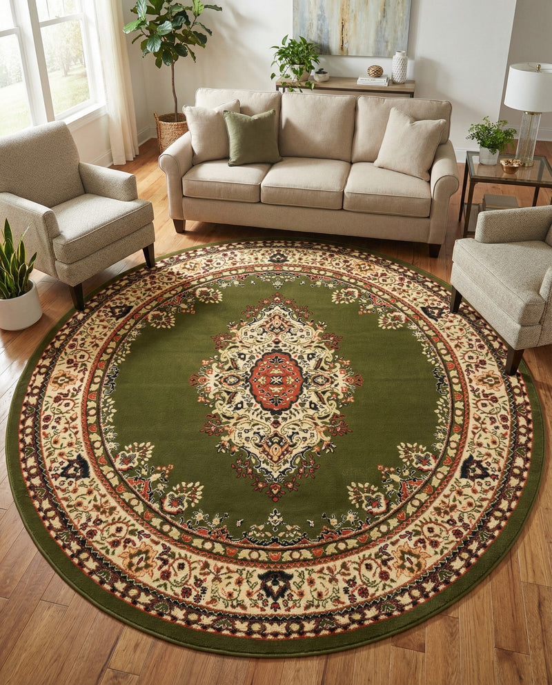 Tabriz Tapestry Collection Area Rug - Azerbaijan (Green) Round Green  lifestyle 56