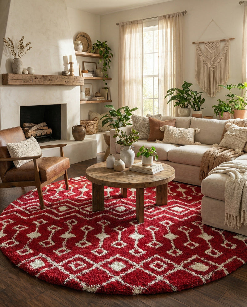 Berber Lattice Shag Collection Area Rug - Atlas (Burgundy Red) Round Burgundy Red  lifestyle 46