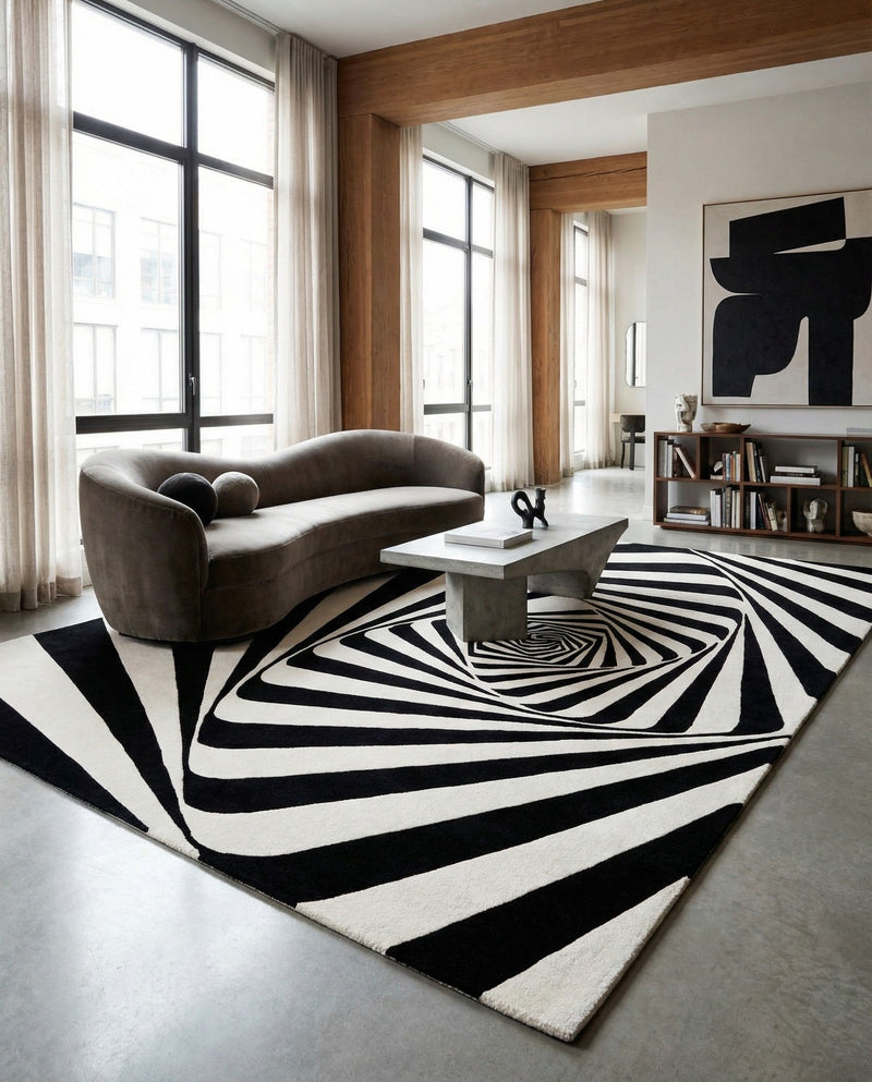 Cyclone Wool Collection Area Rug -  Twister Rectangle Black and White  lifestyle 15