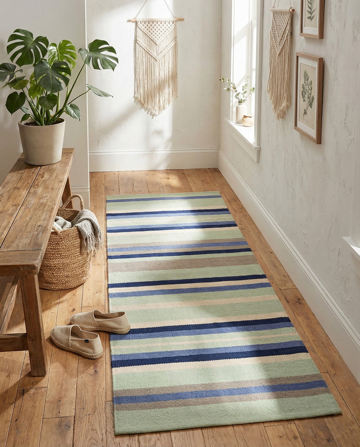 Coastal Stripe Dhurrie Collection Area Rug - Seashore Runner Aqua Blue and Gray  lifestyle 112
