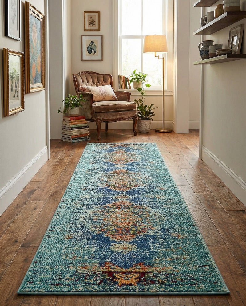 Venetian Tapestry Collection Area Rug -  Giudecca Runner Turquoise  lifestyle 44