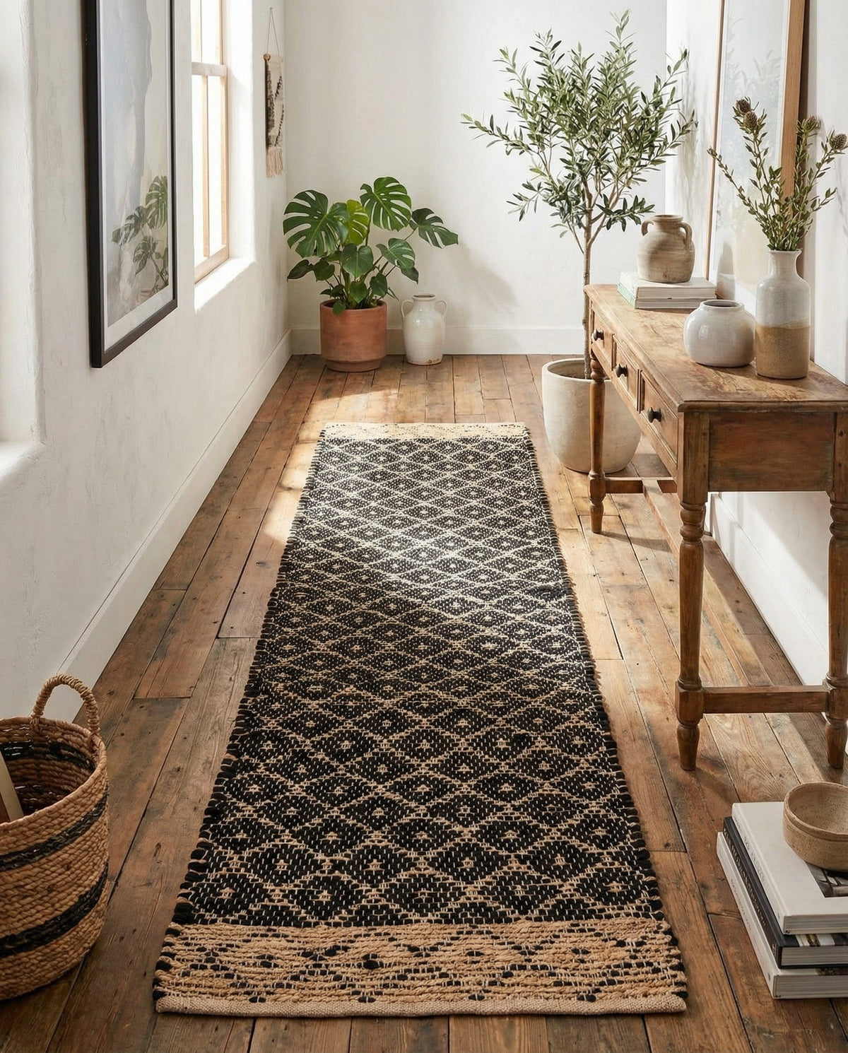 Tulum Trellis Collection Area Rug - Shoreline Runner Black  lifestyle 145
