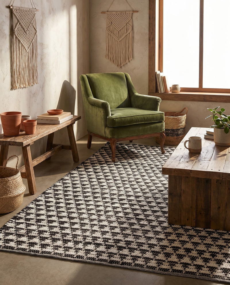 Osian Looms Collection Area Rug - Mumbai Rectangle Black and White  lifestyle 45