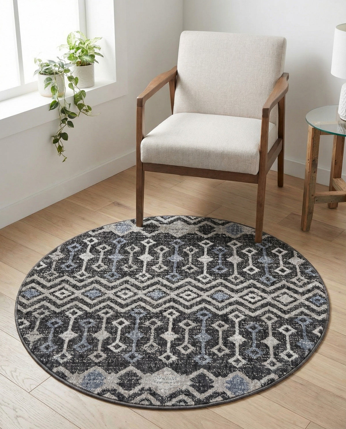Geo Garden Lattice Collection Area Rug -  Andalusia Round Charcoal Gray  lifestyle 218