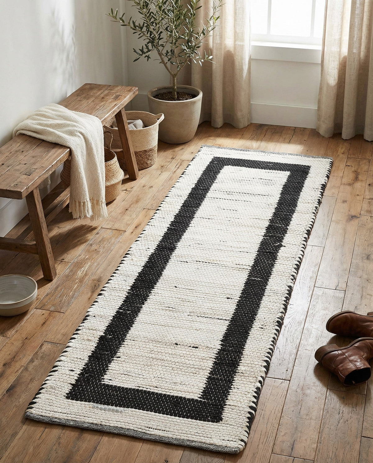 Osian Looms Collection Area Rug - Durham Runner White and Black  lifestyle 178