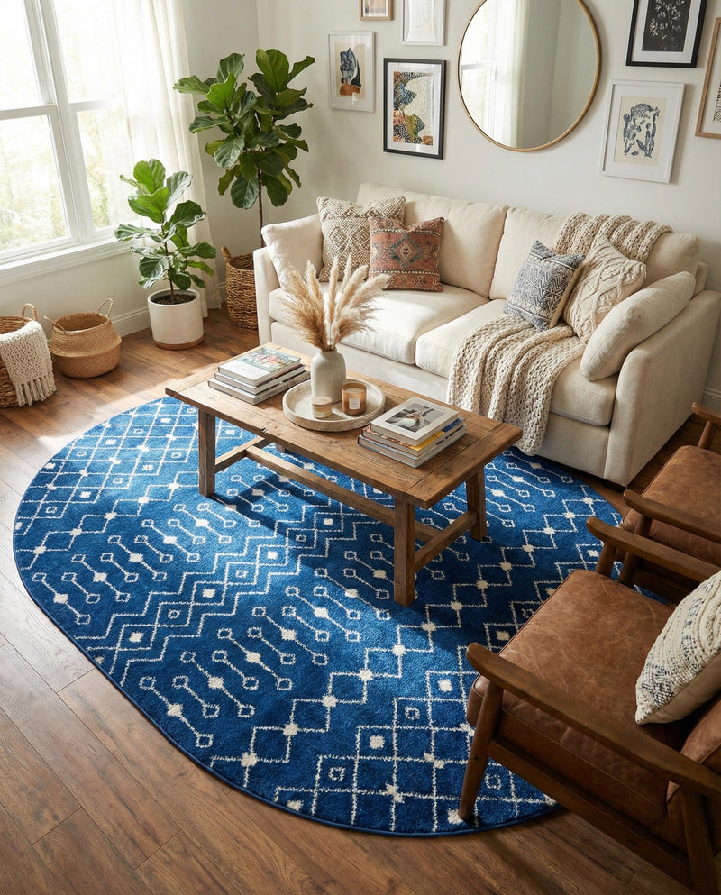Mediterranean Lattice Collection Area Rug - Santorini (Navy Blue) Oval Navy Blue  lifestyle 60