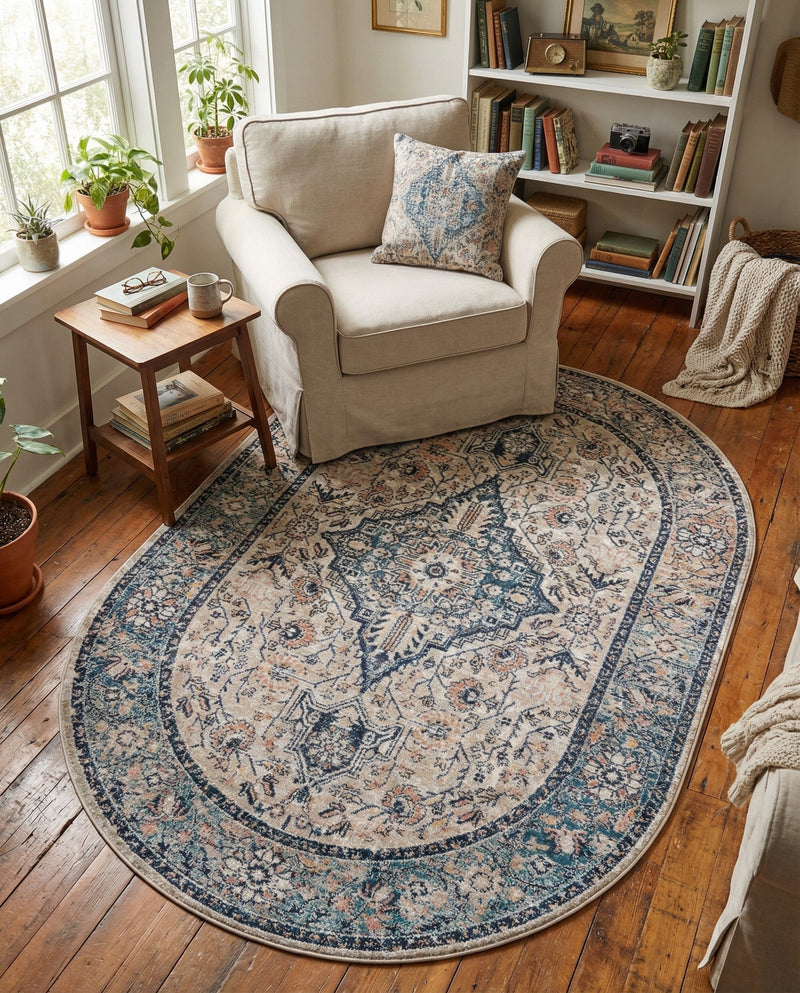 Seville Stripes Collection Area Rug - Cadiz (Blue) Oval Blue  lifestyle 47