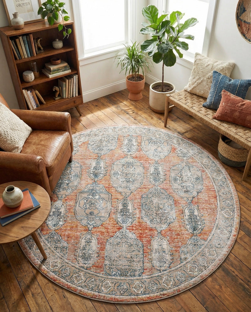 Seville Stripes Collection Area Rug -  Granada (Brick Red) Round Brick Red  lifestyle 59
