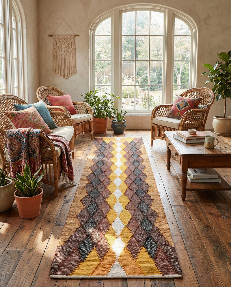 Thar Cotton Collection Area Rug -  Munnar Runner Brown Yellow Black  lifestyle 33