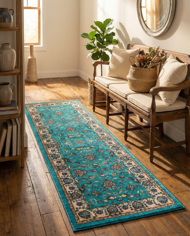 Casablanca Tapestry Collection Area Rug -  Marrakech (Arctic Aqua Blue) Runner Arctic Aqua Blue  lifestyle 39