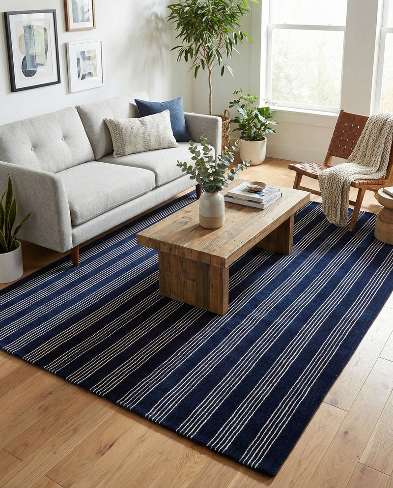 Hampton Stripes Wool Collection Area Rug - Montauk Rectangle Cobalt Blue  lifestyle 22