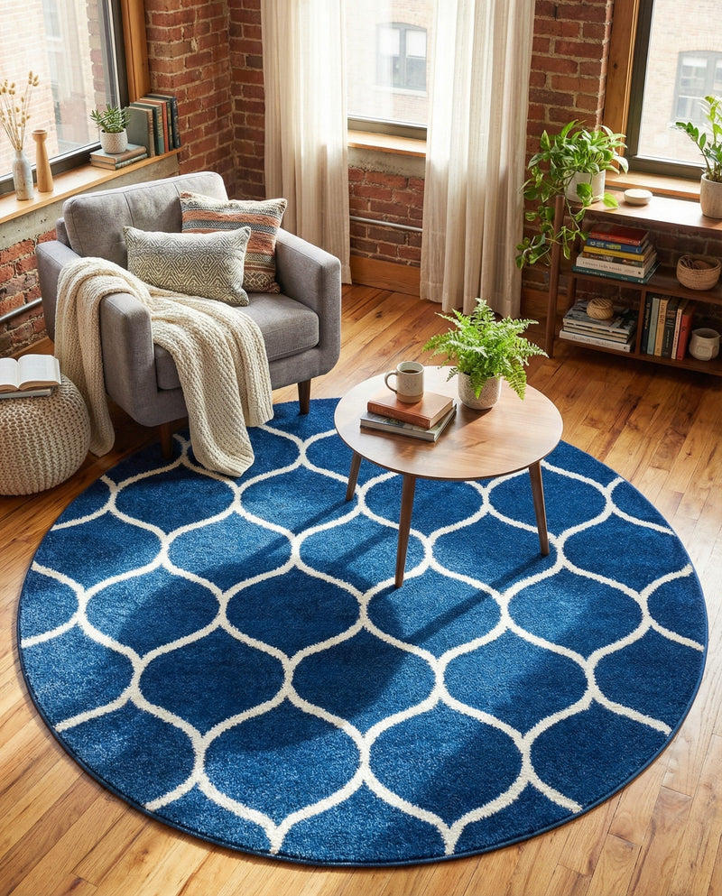 Trellis Mosaic Collection Area Rug -  Pergolatown (Navy Blue) Round Navy Blue  lifestyle 70