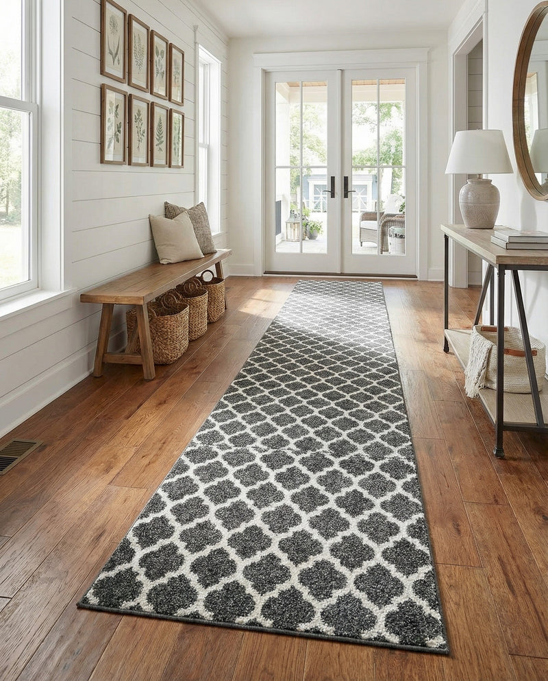 Lattice Gardens Collection Area Rug -  Bloomfield (Black) Runner Black  lifestyle 63