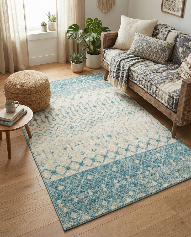 Mediterranean Lattice Collection Area Rug -  Casablanca (Ivory Blue) Rectangle Ivory Blue  lifestyle 5