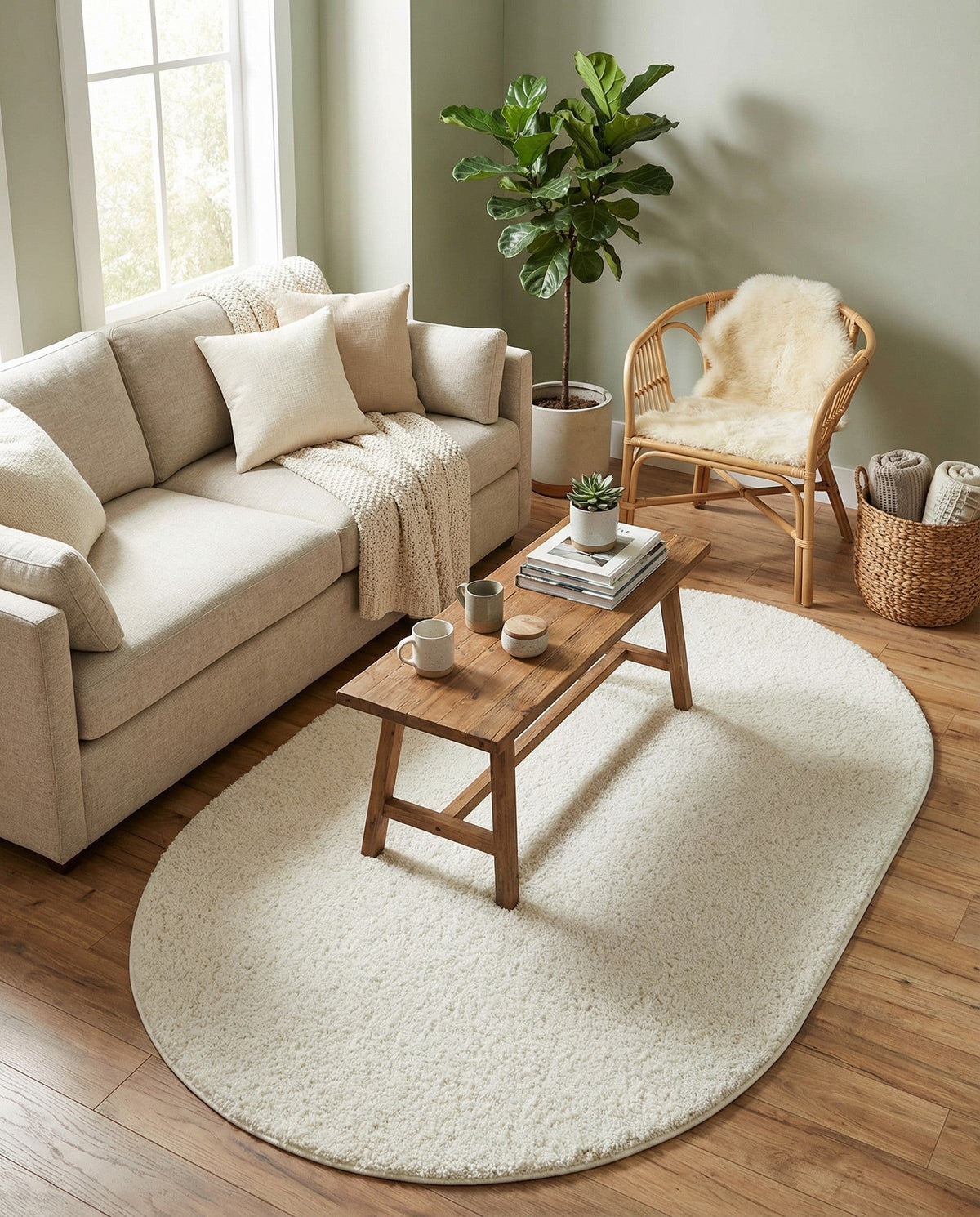 Cozy Comfort Shag Collection Area Rug - Haven (White) Oval White  lifestyle 102