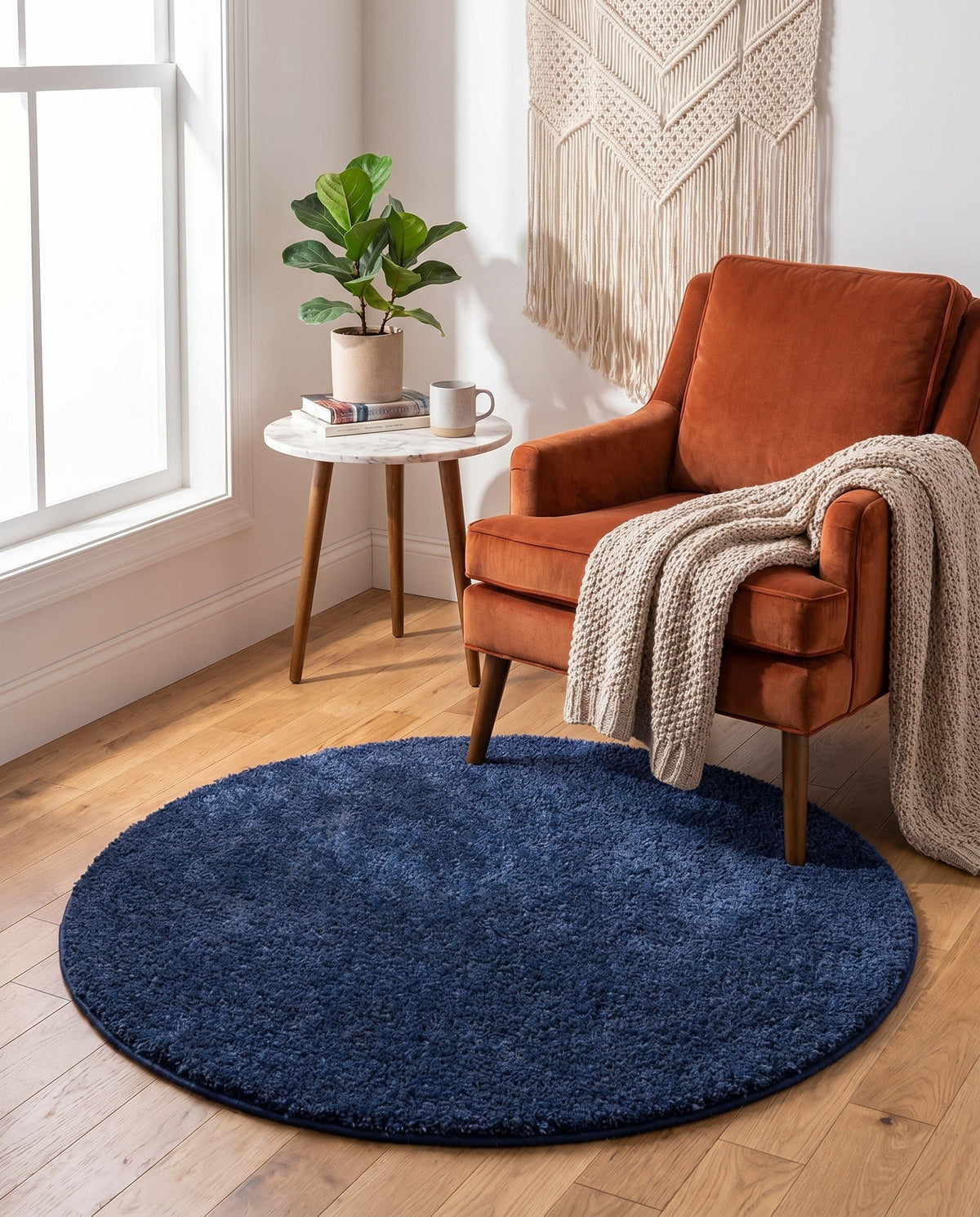Solid Shag Seaside Collection Area Rug - Azure Cove (Navy Blue) Round Navy Blue  lifestyle 109