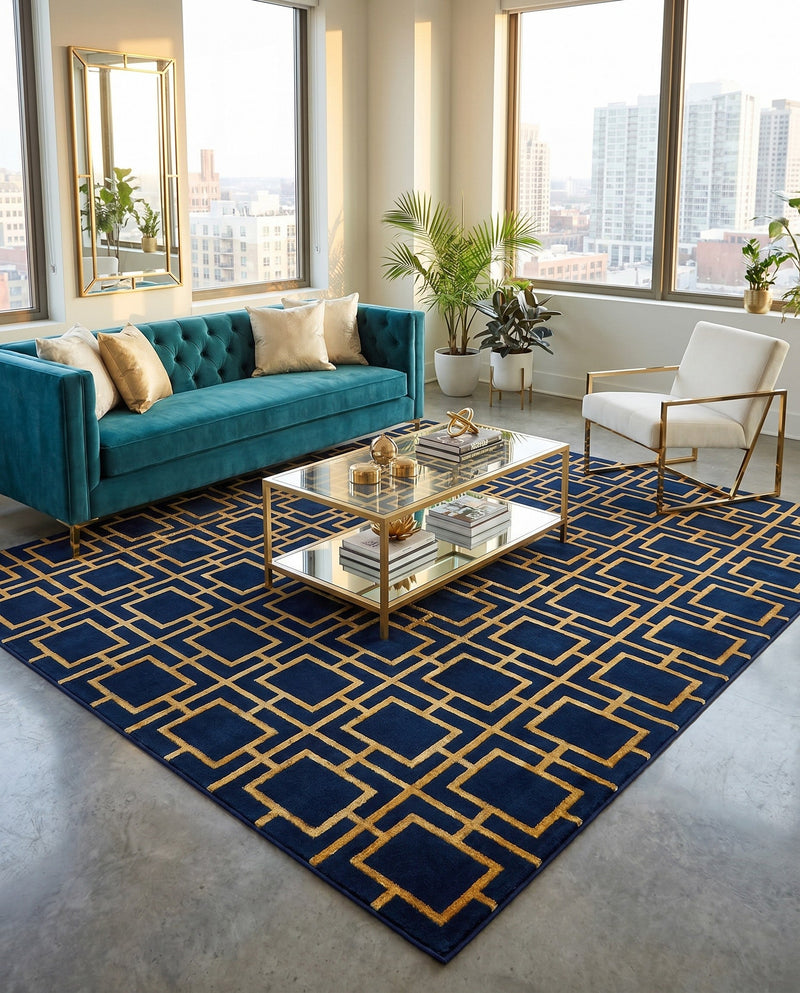 Hollywood Luxe Collection Area Rug -  Beverly (Navy Blue Gold) Rectangle Navy Blue Gold  lifestyle 3