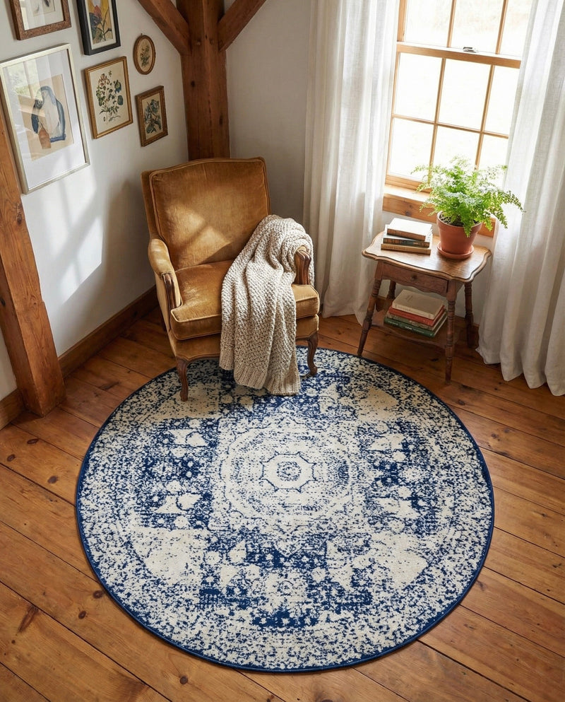Dover Terrace Collection Area Rug -  Lagoon (Ivory and Blue) Round Ivory and Blue  lifestyle 41