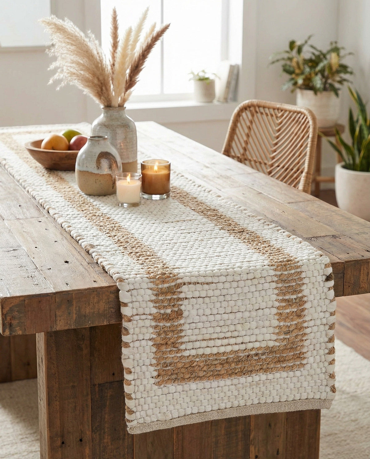 Osian Looms Collection Area Rug - Durham Table Runner White and Natural  lifestyle 188