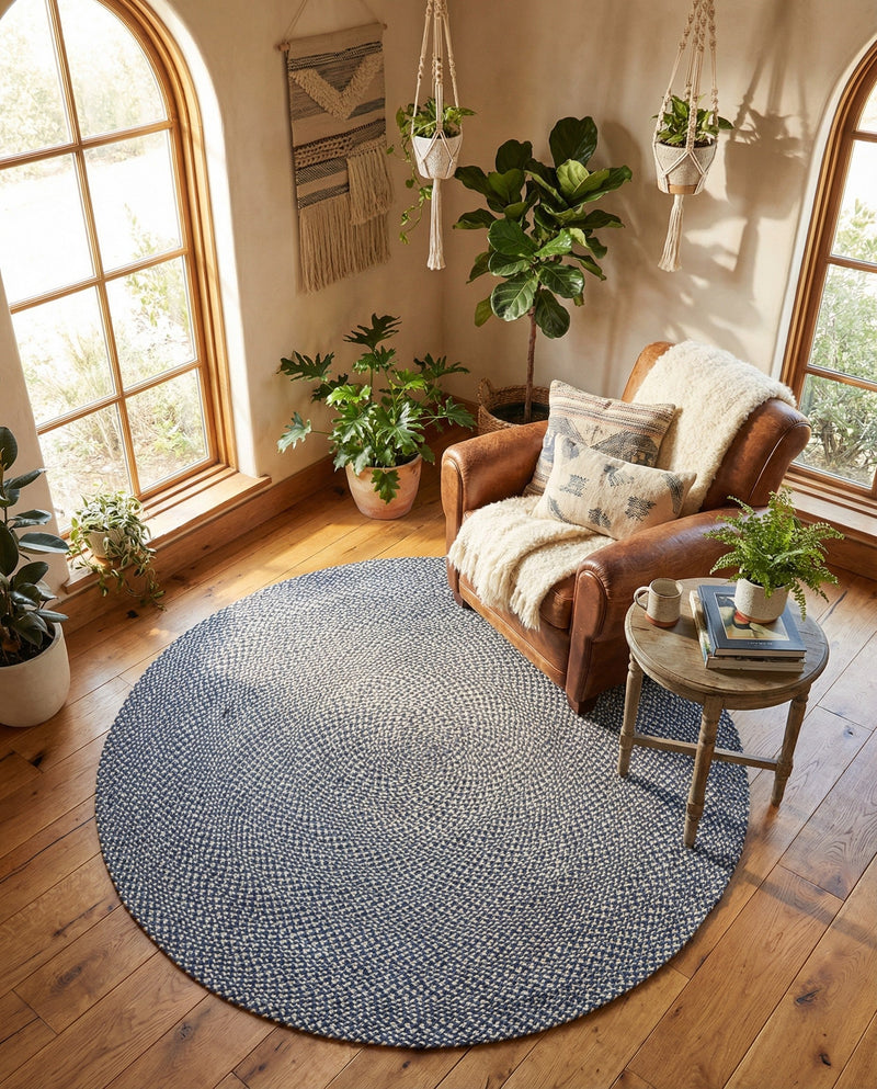 Highland Woven Jute Collection Area Rug - Glenmore (Navy Blue) Round Navy Blue  lifestyle 61