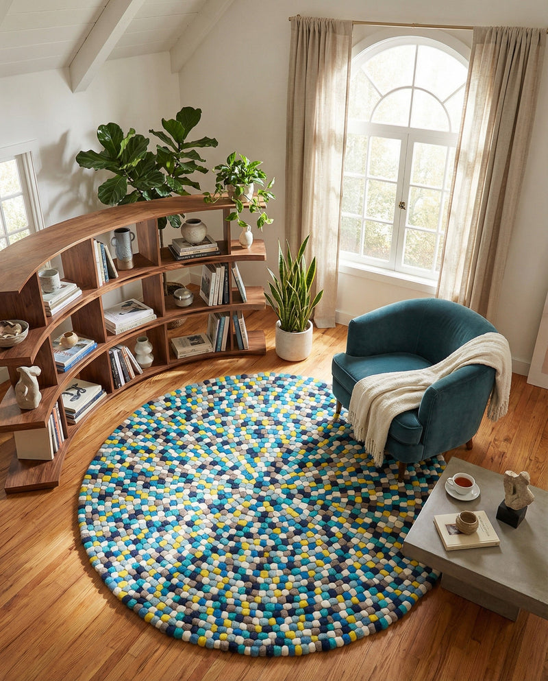Woolen Sphere Collection Area Rug - Orbsburg (Blue) Round Blue  lifestyle 59