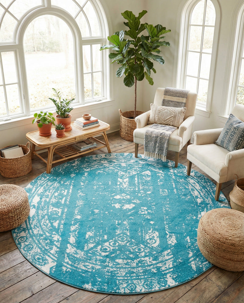 Brighton Stripes Collection Area Rug - Sussex (Turquoise) Round Turquoise  lifestyle 48