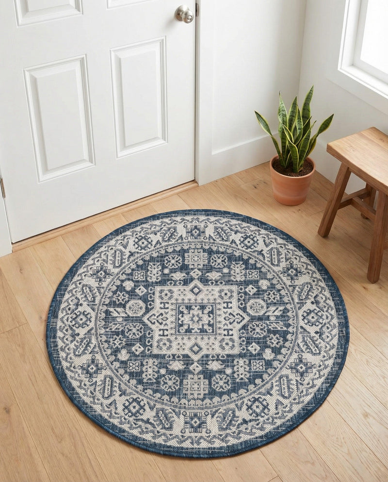 Tribal Terrace Treasures Collection Area Rug -  Incan Isle (Blue) Round Blue  lifestyle 31