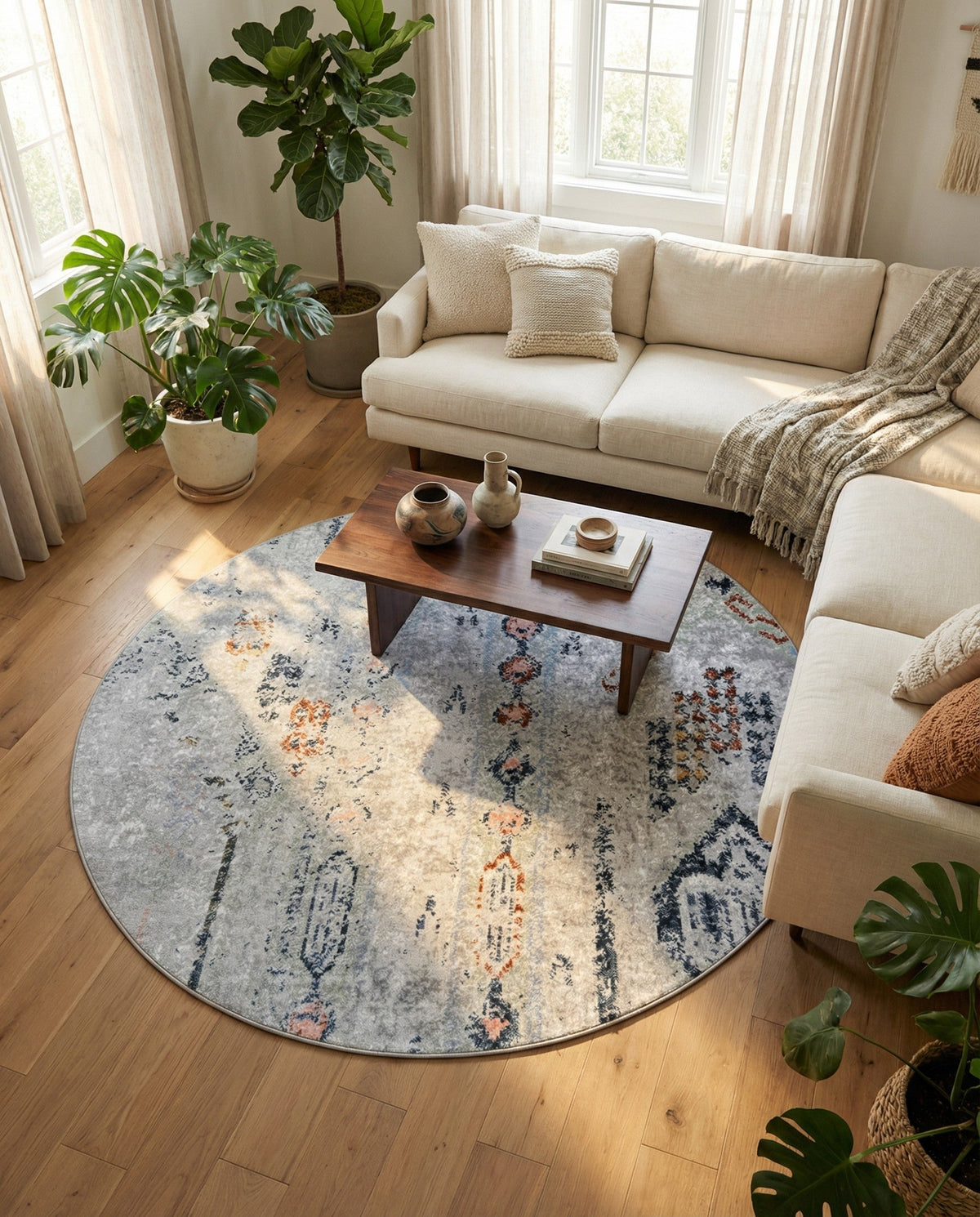 Aegean Elegance Washables Collection Area Rug -  Zakynthos Round Ivory Gray  lifestyle 164